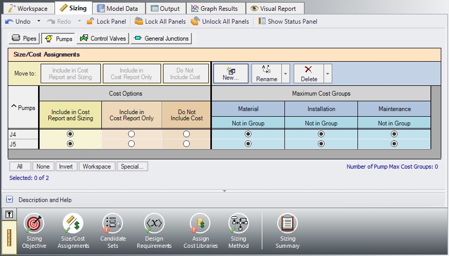 The Size/Cost Assignments panel with Common Size Groups defined as in the text.